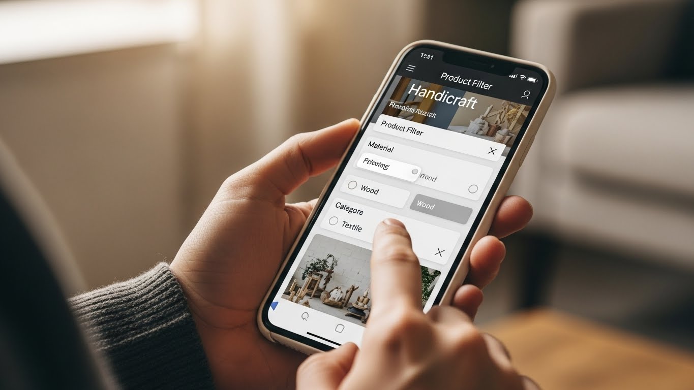 Một khách hàng đang sử dụng bộ lọc sản phẩm trên website thủ công mỹ nghệ trên điện thoại