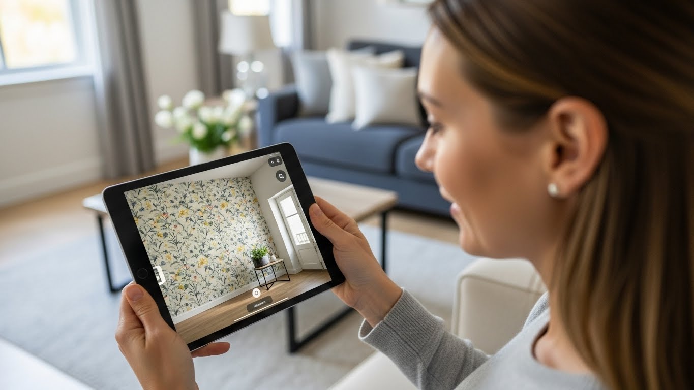 Một kh&aacute;ch h&agrave;ng đang sử dụng t&iacute;nh năng xem trước giấy d&aacute;n tường tr&ecirc;n m&aacute;y t&iacute;nh bảng 