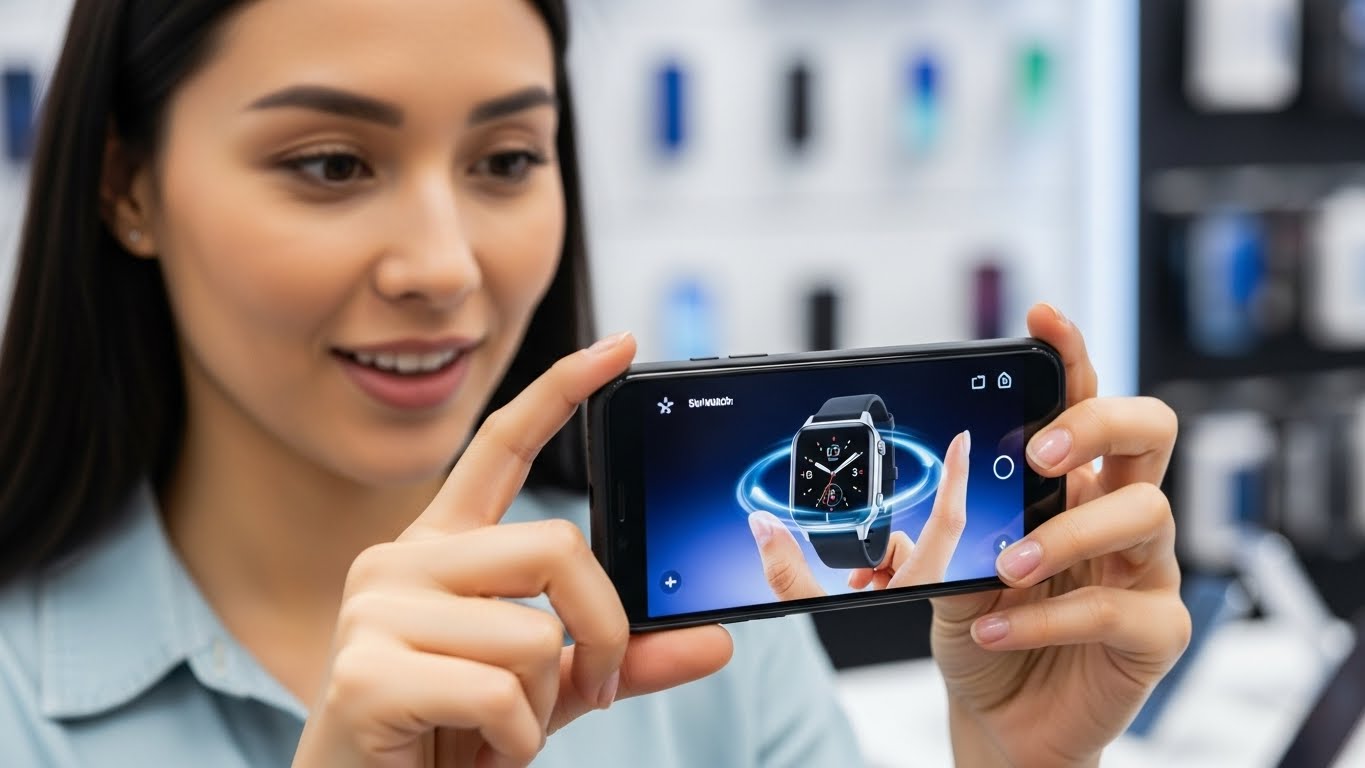 Một kh&aacute;ch h&agrave;ng đang trải nghiệm t&iacute;nh năng xem đồng hồ 360 độ tr&ecirc;n điện thoại 