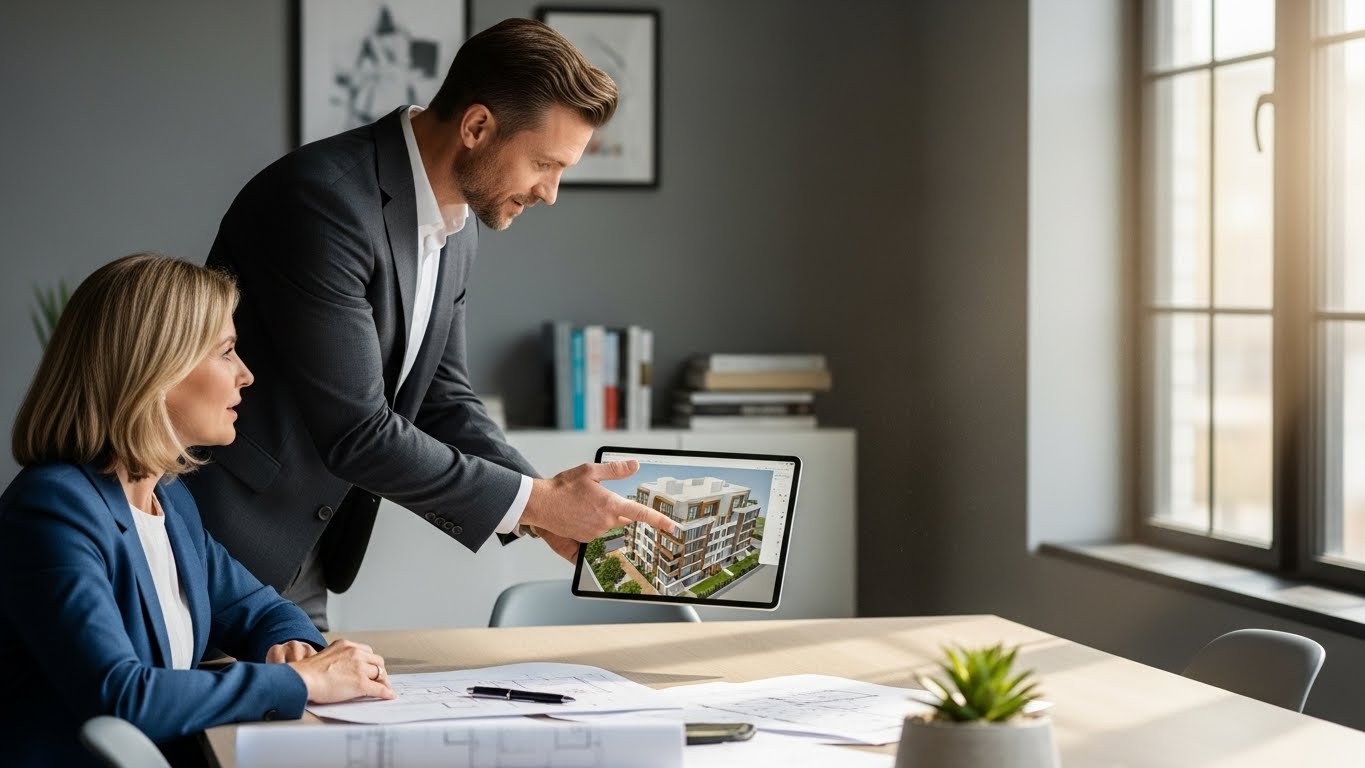 Một kiến tr&uacute;c sư đang tr&igrave;nh b&agrave;y m&ocirc; h&igrave;nh dự &aacute;n 3D tr&ecirc;n m&aacute;y t&iacute;nh bảng cho kh&aacute;ch h&agrave;ng 