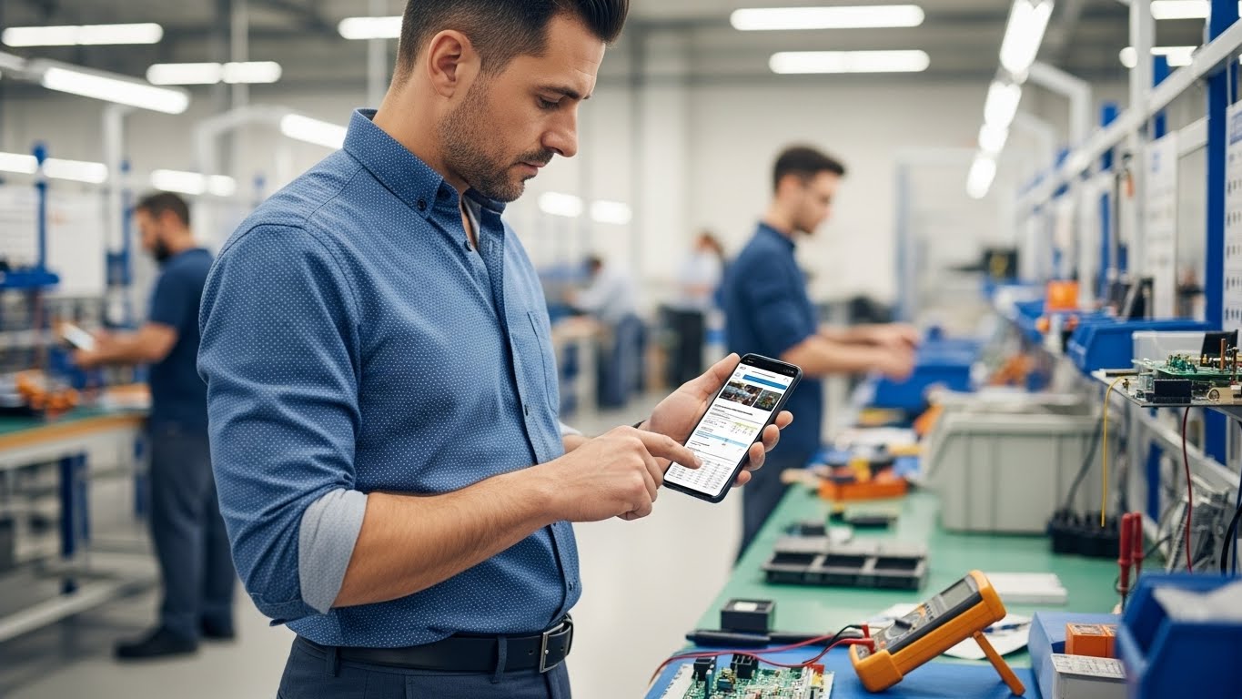 Một kỹ sư đang xem th&ocirc;ng số kỹ thuật sản phẩm tr&ecirc;n website di động 