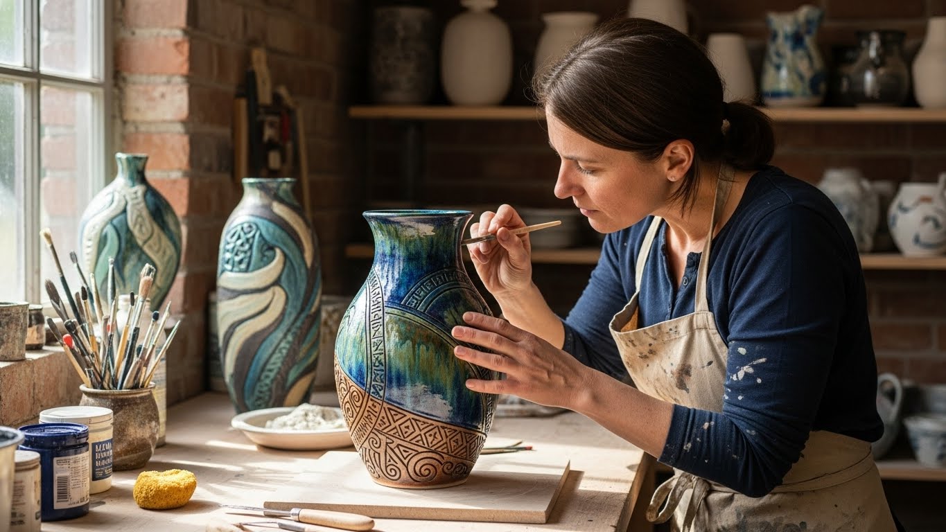 Một nghệ nhân đang hoàn thiện sản phẩm gốm sứ nghệ thuật