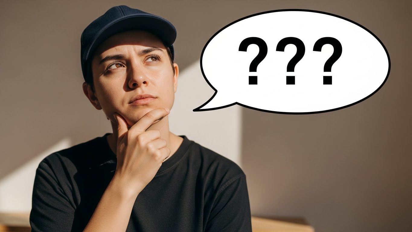 Một người đang đặt c&acirc;u hỏi với bong b&oacute;ng chat chứa c&aacute;c k&yacute; hiệu dấu hỏi 