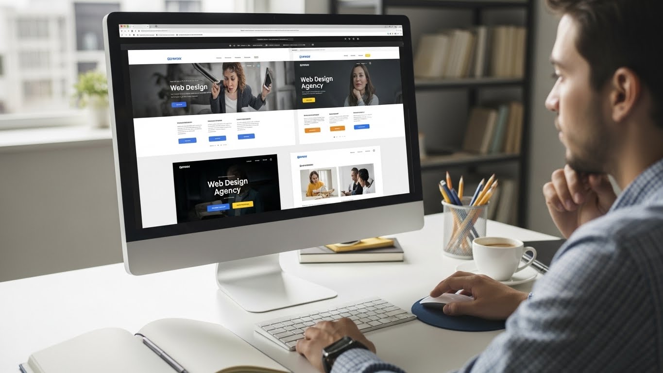 Một người đang lựa chọn giữa c&aacute;c đơn vị thiết kế website tr&ecirc;n m&aacute;y t&iacute;nh 