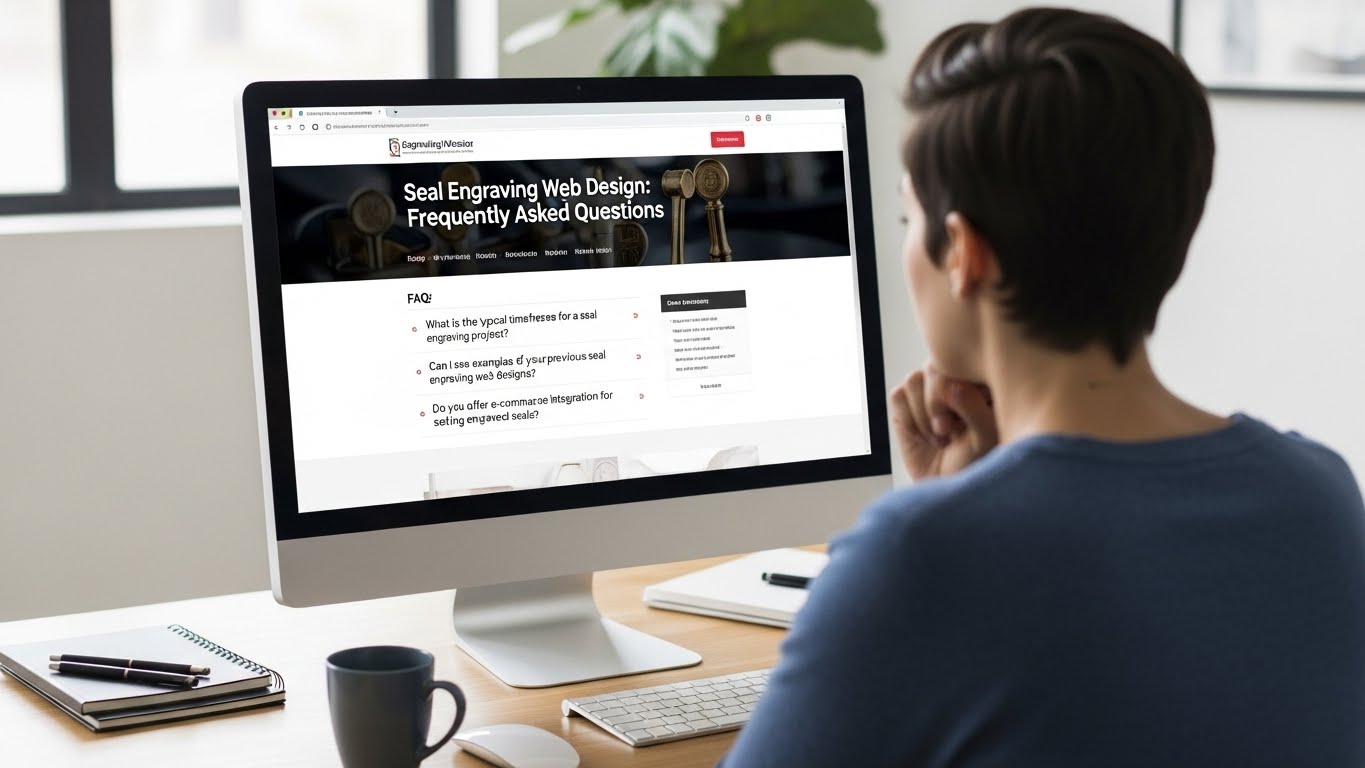 Một người đang ngồi trước m&aacute;y t&iacute;nh, m&agrave;n h&igrave;nh hiển thị c&aacute;c c&acirc;u hỏi thường gặp về thiết kế web khắc dấu 