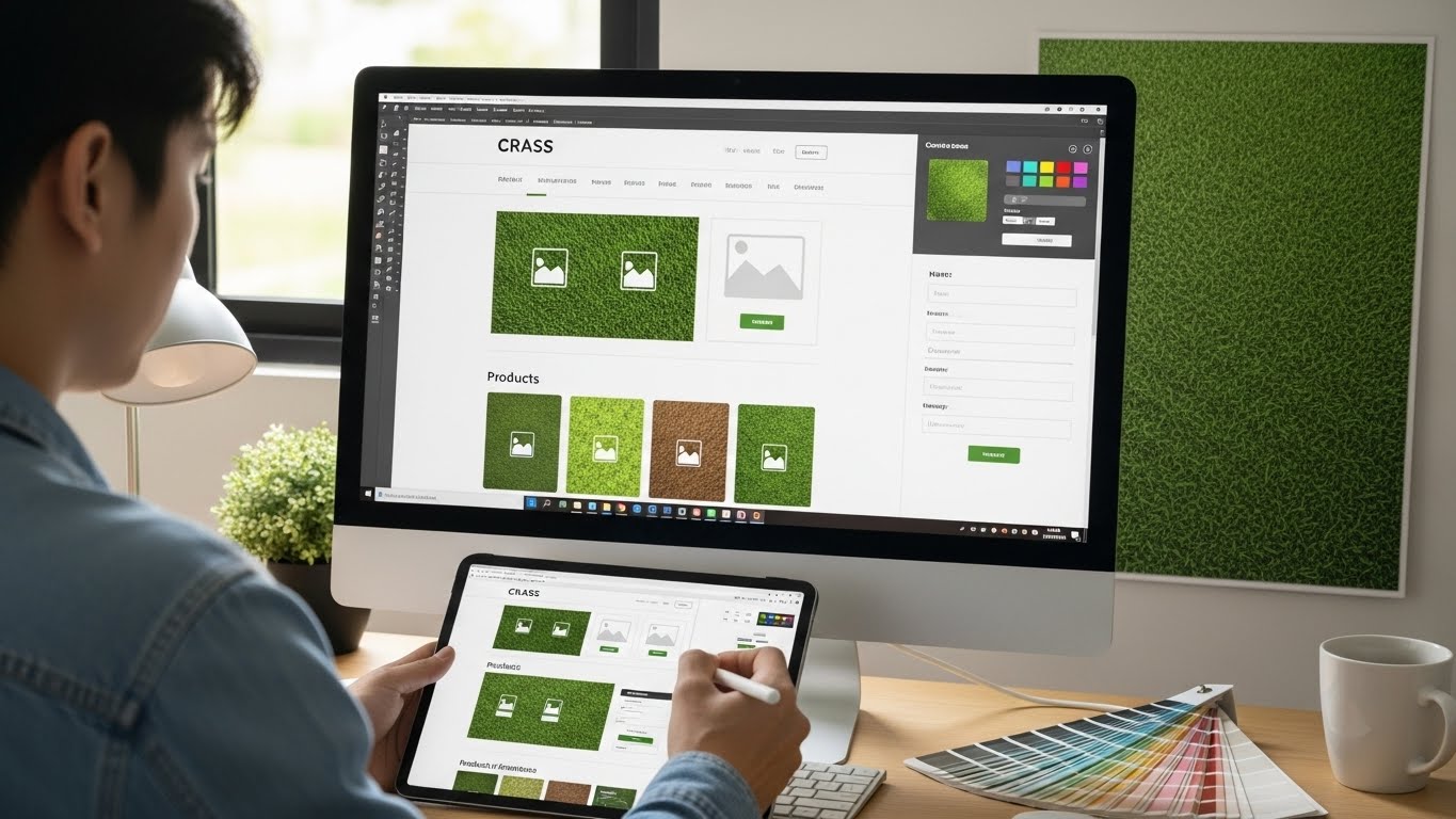 Một người đang phác thảo giao diện website cỏ nhân tạo trên máy tính