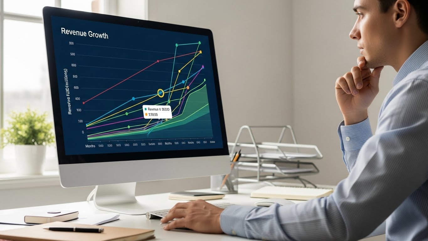 Một người đang ph&acirc;n t&iacute;ch biểu đồ tăng trưởng doanh thu tr&ecirc;n m&agrave;n h&igrave;nh m&aacute;y t&iacute;nh 