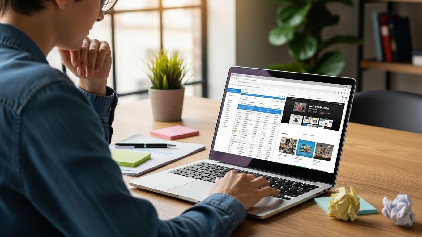 Một người đang phân tích và so sánh các công ty thiết kế website trên laptop