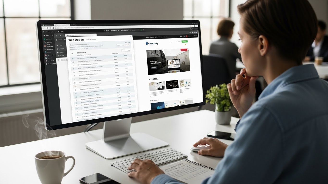 Một người đang ph&acirc;n t&iacute;ch v&agrave; so s&aacute;nh c&aacute;c c&ocirc;ng ty thiết kế website tr&ecirc;n m&aacute;y t&iacute;nh. 