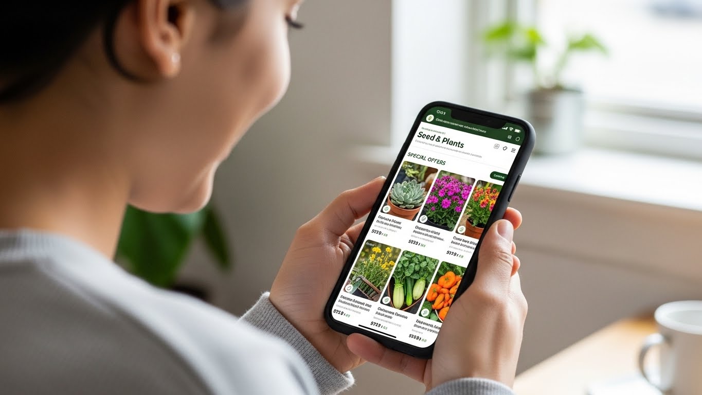 Một người đang sử dụng điện thoại để truy cập website bán hạt giống cây trồng.