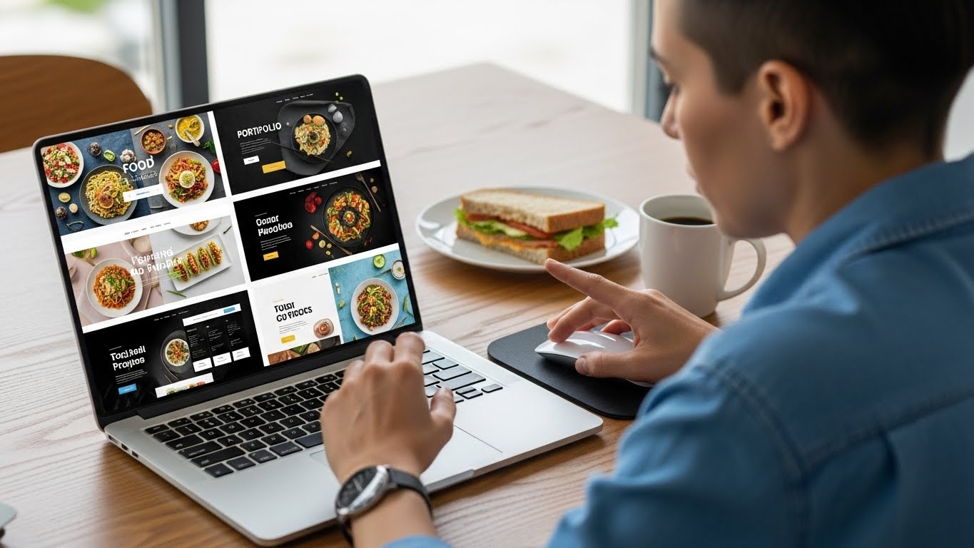 Một người đang xem x&eacute;t portfolio c&aacute;c dự &aacute;n website thực phẩm tr&ecirc;n m&aacute;y t&iacute;nh 