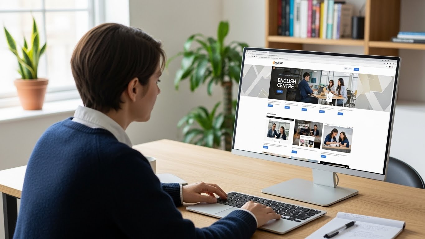 Một người đang xem x&eacute;t portfolio c&aacute;c website trung t&acirc;m Anh ngữ 