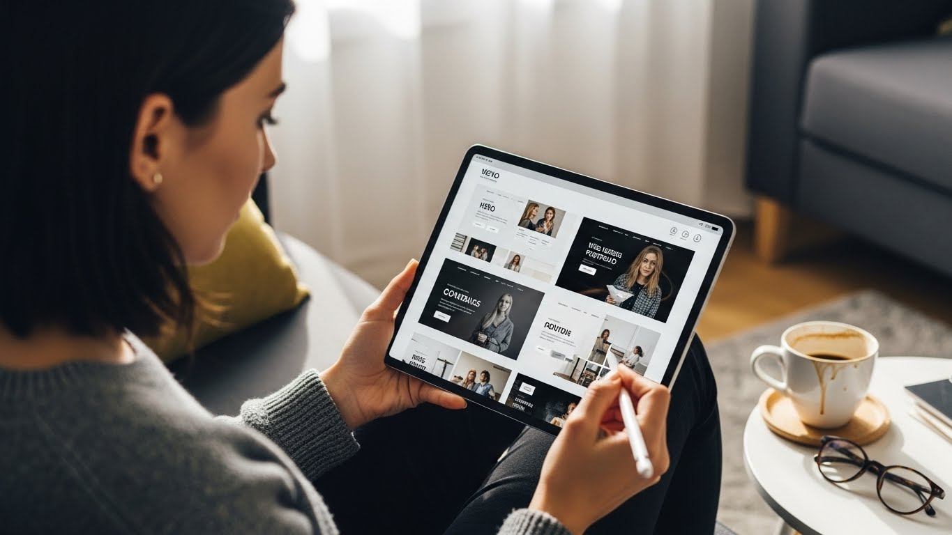 Một người đang xem x&eacute;t portfolio dự &aacute;n thiết kế website tr&ecirc;n m&aacute;y t&iacute;nh bảng 