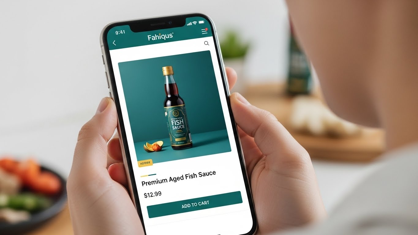 Một người d&ugrave;ng đang xem website b&aacute;n nước mắm tr&ecirc;n điện thoại di động, giao diện hiển thị đẹp v&agrave; dễ thao t&aacute;c. 