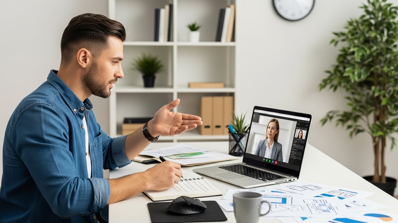 Một nh&agrave; thiết kế web đang thảo luận về chi ph&iacute; v&agrave; tiến độ dự &aacute;n với kh&aacute;ch h&agrave;ng qua video call 
