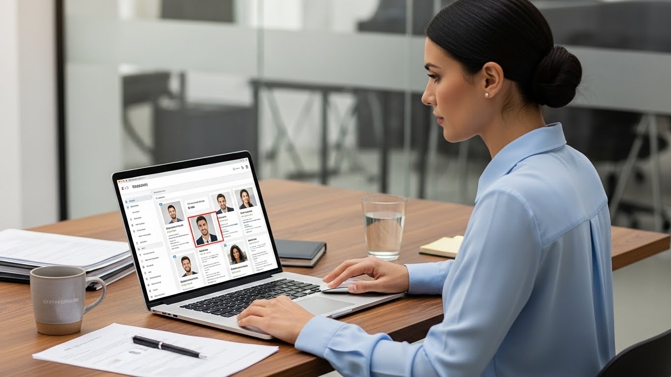 Một nh&agrave; tuyển dụng đang xem x&eacute;t hồ sơ ứng vi&ecirc;n tr&ecirc;n m&aacute;y t&iacute;nh x&aacute;ch tay 