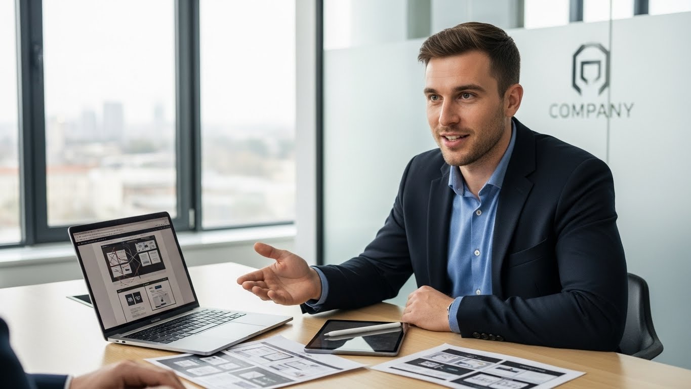 Một nh&acirc;n vi&ecirc;n tư vấn đang giải đ&aacute;p thắc mắc cho kh&aacute;ch h&agrave;ng về dịch vụ thiết kế website 