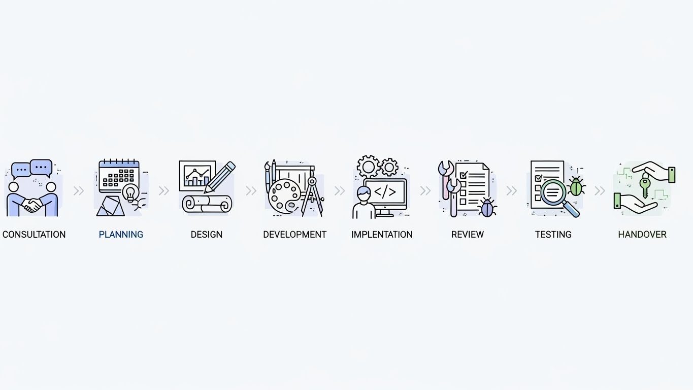 Một quy tr&igrave;nh l&agrave;m việc được biểu diễn bằng c&aacute;c icon từ tư vấn đến b&agrave;n giao 