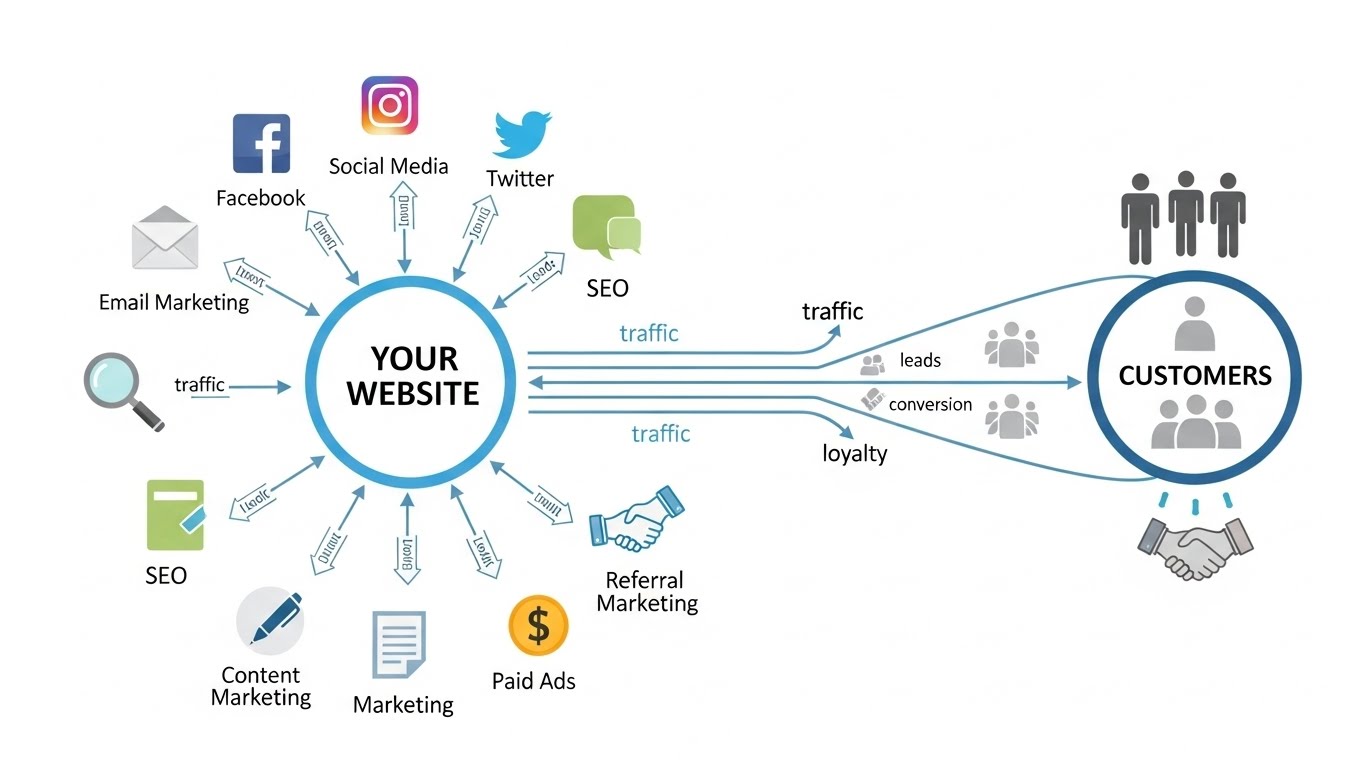 Một sơ đồ thể hiện website l&agrave; trung t&acirc;m, kết nối với c&aacute;c k&ecirc;nh marketing v&agrave; kh&aacute;ch h&agrave;ng 