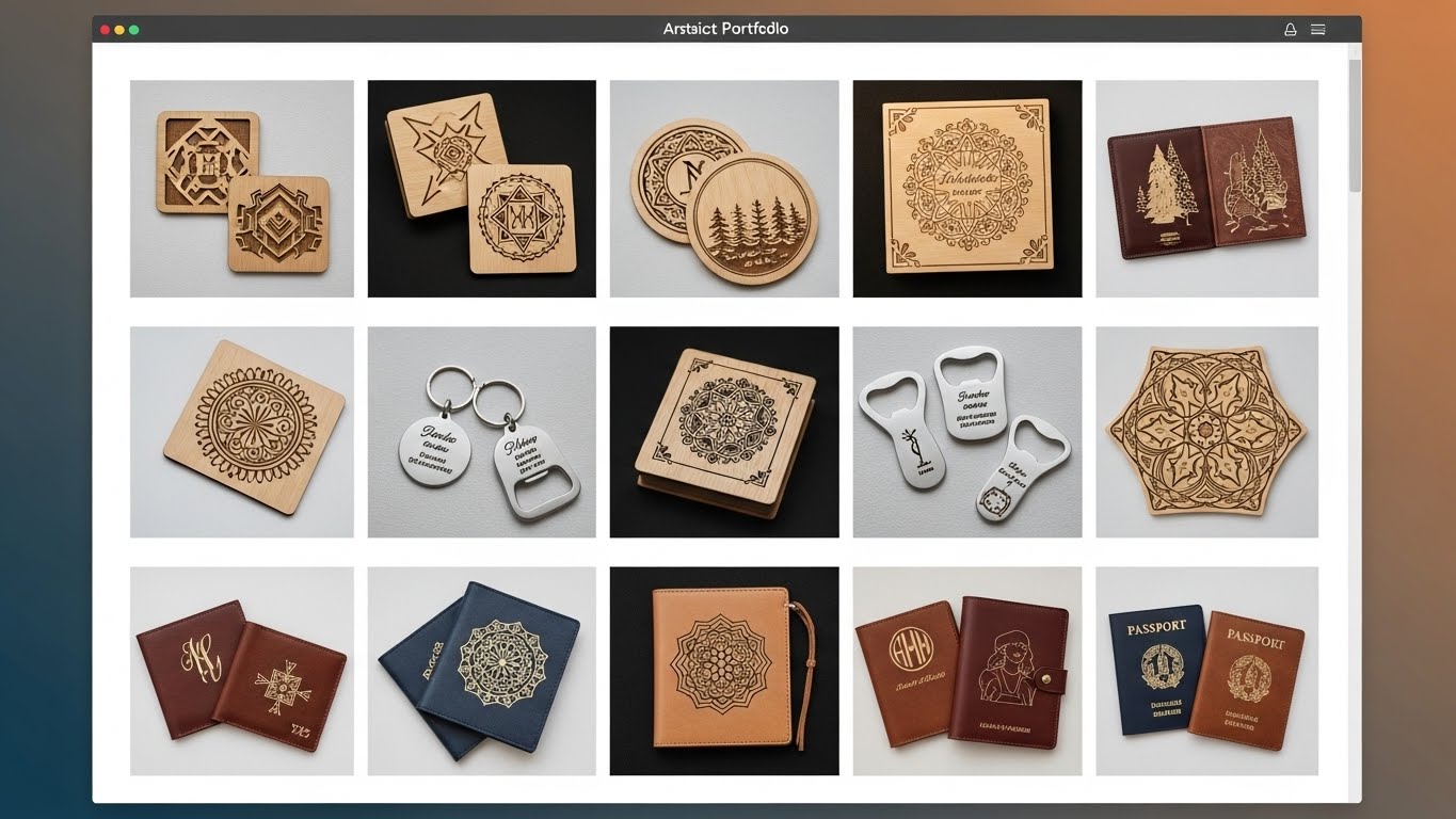 Một thư viện dự &aacute;n trực tuyến (portfolio) hiển thị c&aacute;c sản phẩm khắc laser đa dạng tr&ecirc;n gỗ, kim loại, da một c&aacute;ch nghệ thuật. 