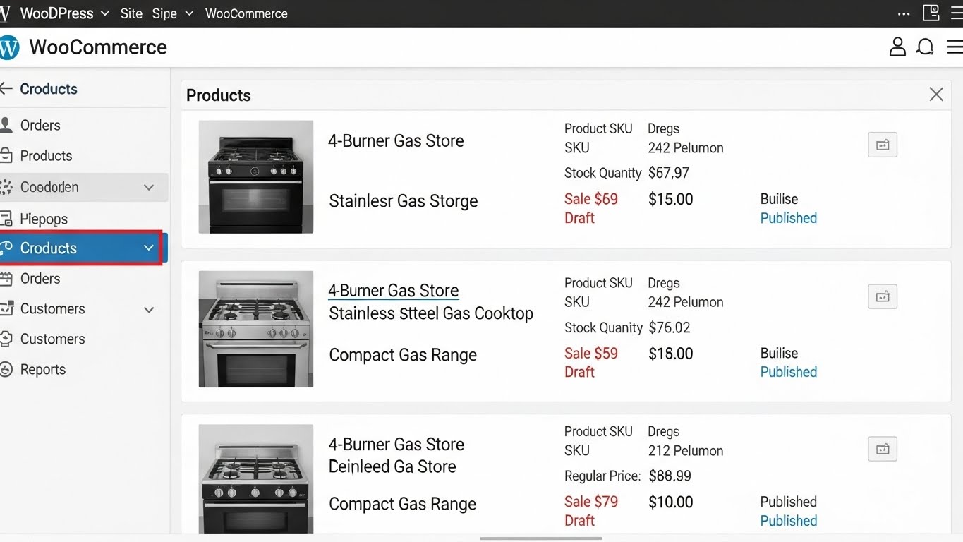 Một trang quản trị WordPress với plugin WooCommerce đang hiển thị danh s&aacute;ch sản phẩm bếp gas 