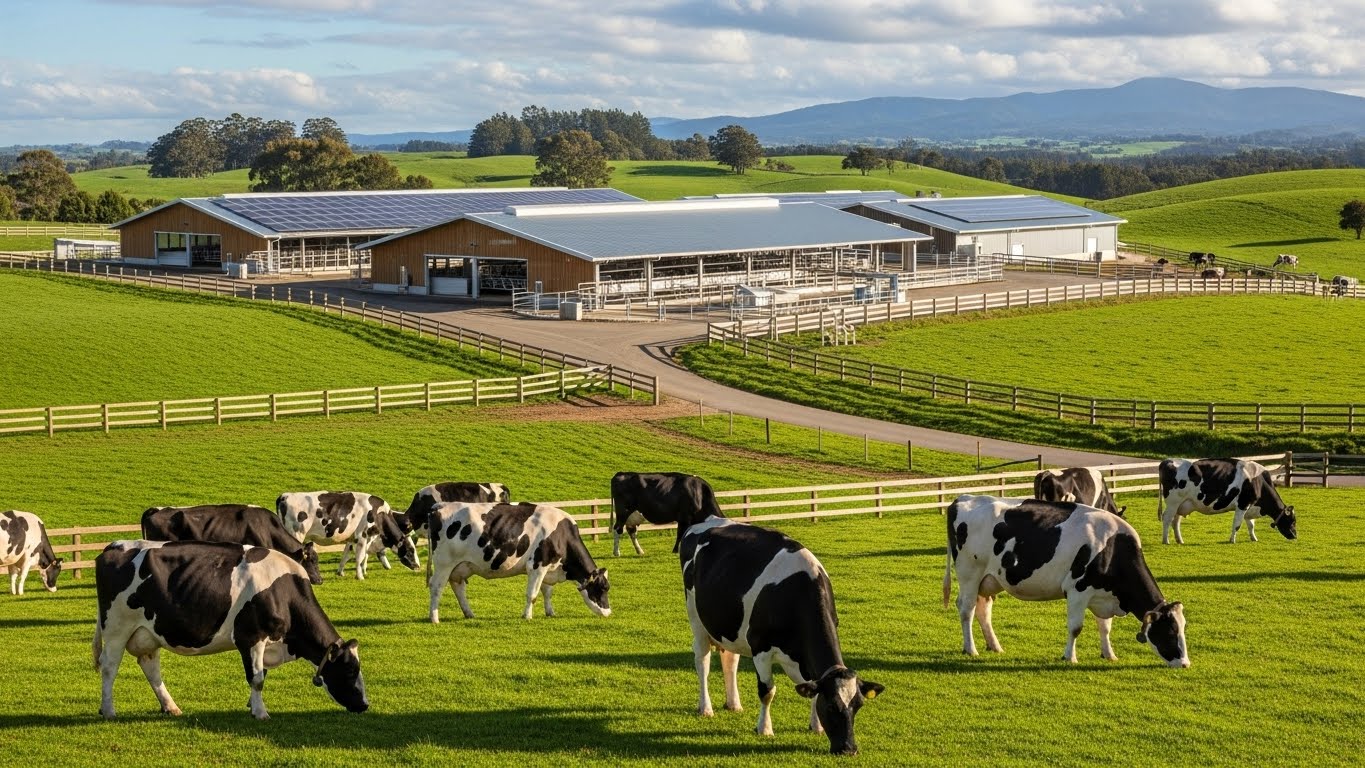 Một trang trại b&ograve; sữa hiện đại với đ&agrave;n b&ograve; khỏe mạnh tr&ecirc;n đồng cỏ xanh mướt 