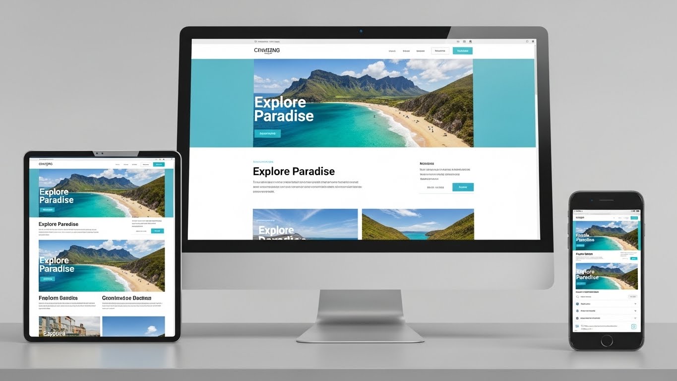 Một trang web được hiển thị đồng thời tr&ecirc;n m&agrave;n h&igrave;nh m&aacute;y t&iacute;nh, m&aacute;y t&iacute;nh bảng v&agrave; điện thoại th&ocirc;ng minh, thể hiện thiết kế đ&aacute;p ứng. 