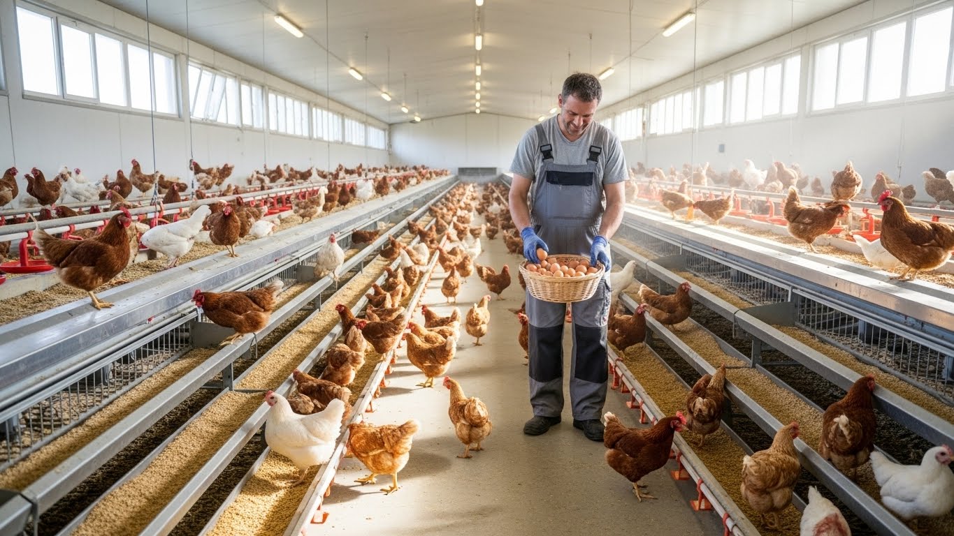 Người n&ocirc;ng d&acirc;n đang thu hoạch trứng g&agrave; trong chuồng trại hiện đại, sạch sẽ 