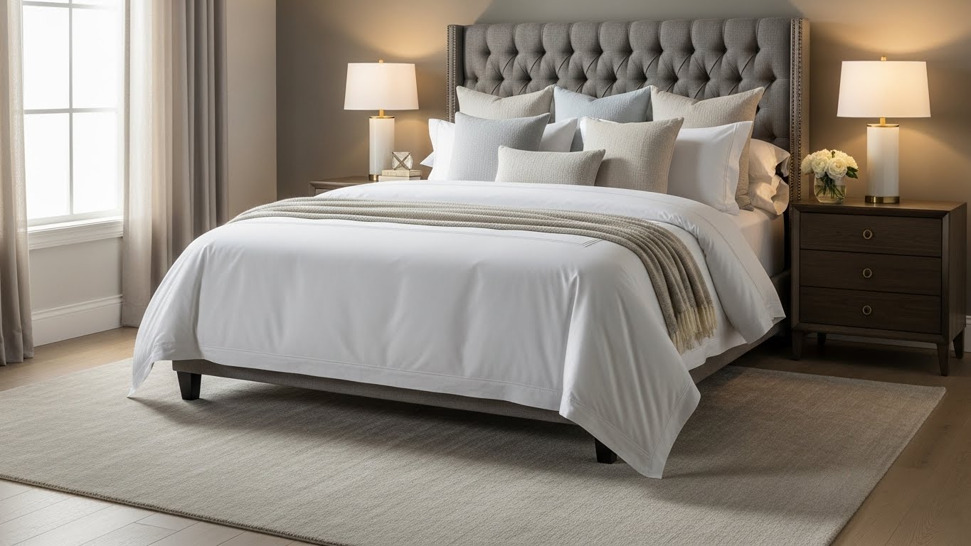 Ph&ograve;ng ngủ mẫu với bộ chăn ga gối đệm sang trọng được chụp ảnh chất lượng cao 