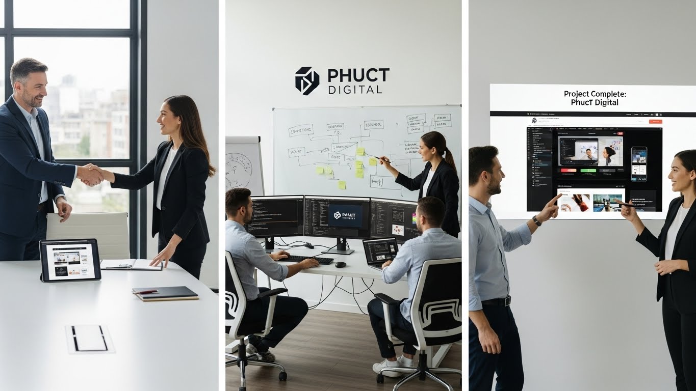 Quy tr&igrave;nh l&agrave;m việc chuy&ecirc;n nghiệp giữa kh&aacute;ch h&agrave;ng v&agrave; đội ngũ PhucT Digital 