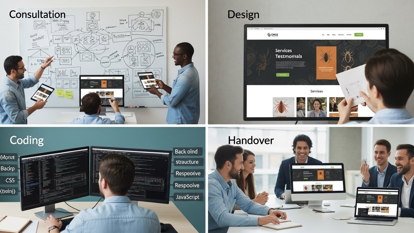 Quy tr&igrave;nh thiết kế website diệt mối chuy&ecirc;n nghiệp gồm c&aacute;c bước tư vấn, thiết kế, lập tr&igrave;nh v&agrave; b&agrave;n giao. 