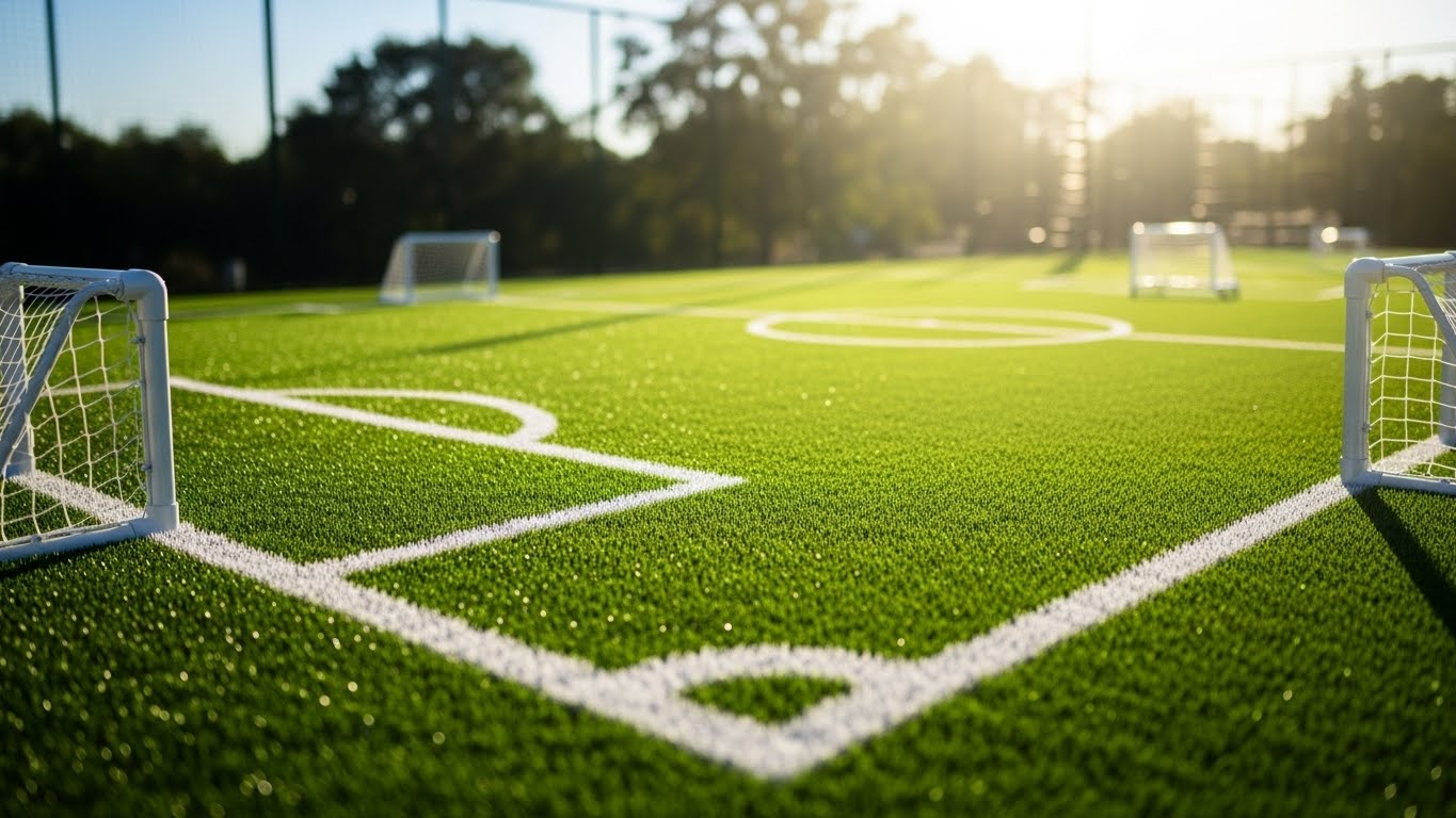 Sân bóng đá mini sử dụng cỏ nhân tạo xanh mướt dưới ánh nắng