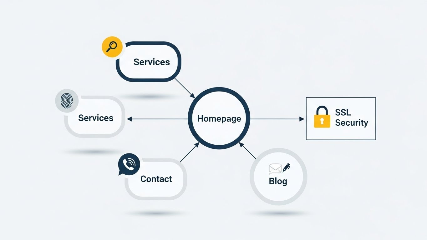 Sơ đồ c&aacute;c t&iacute;nh năng cần c&oacute; tr&ecirc;n website th&aacute;m tử: Trang chủ, Dịch vụ, Li&ecirc;n hệ, Blog, Bảo mật SSL. 