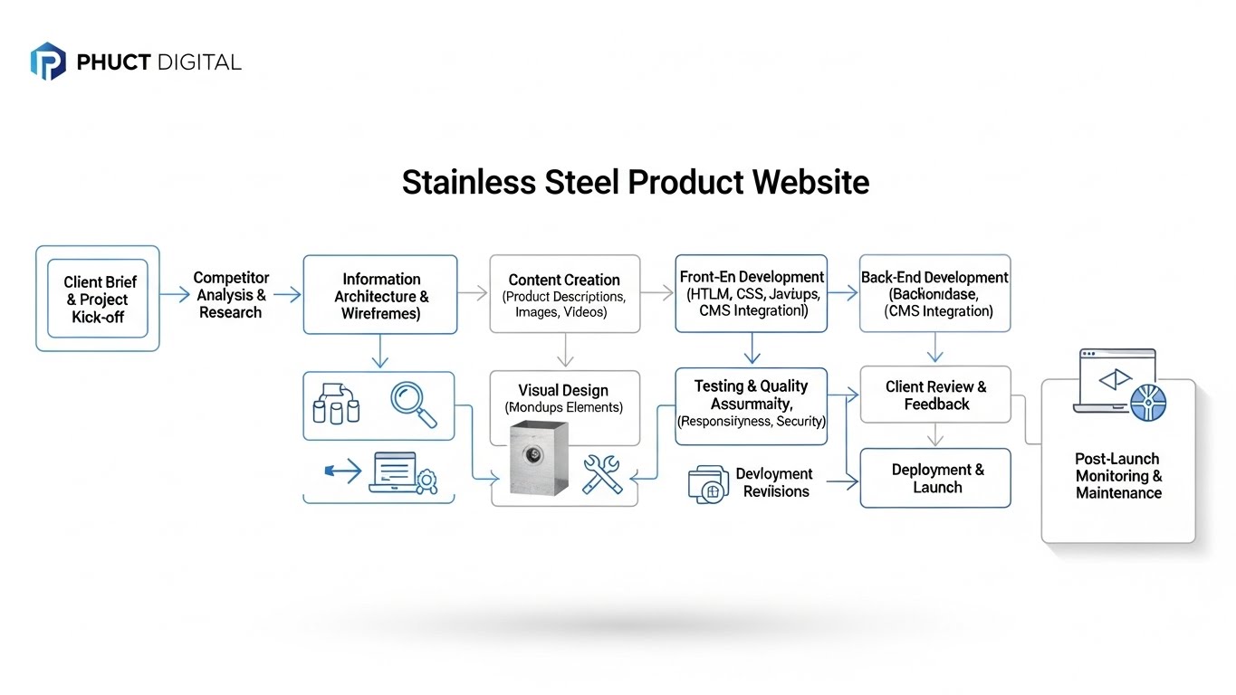 Sơ đồ quy tr&igrave;nh l&agrave;m việc chuy&ecirc;n nghiệp để thiết kế website b&aacute;n sản phẩm inox của PhucT Digital. 