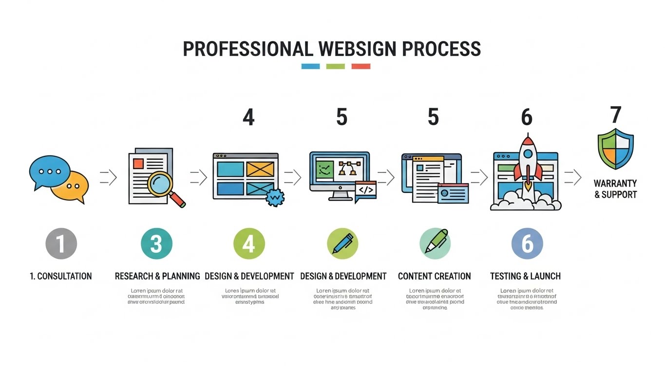 Sơ đồ quy tr&igrave;nh thiết kế website chuy&ecirc;n nghiệp với c&aacute;c bước từ tư vấn đến bảo h&agrave;nh. 