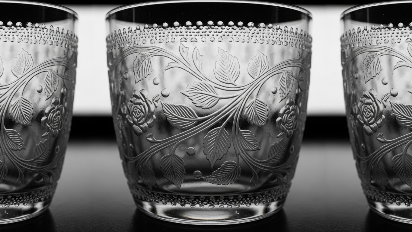 Video 360 độ quay cận cảnh chi tiết một chiếc ly thủy tinh chạm khắc. 