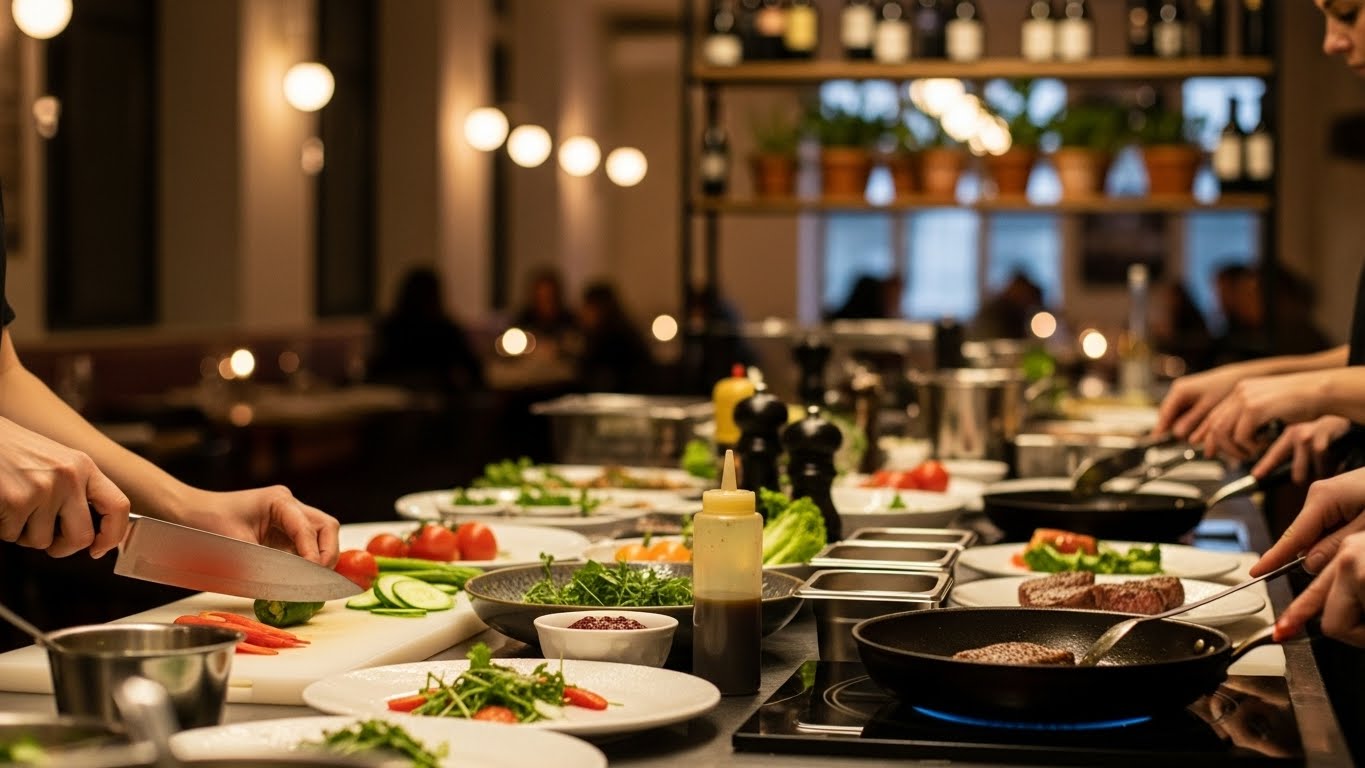 Video nền về kh&ocirc;ng gian nh&agrave; h&agrave;ng v&agrave; qu&aacute; tr&igrave;nh chế biến m&oacute;n ăn 