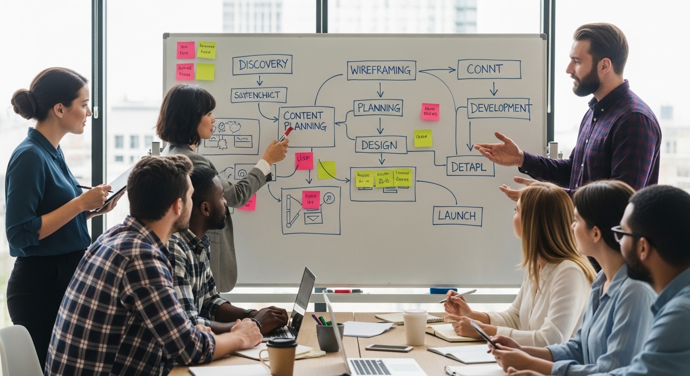 Đội ngũ chuy&ecirc;n gia đang thảo luận về quy tr&igrave;nh thiết kế website tổ chức sự kiện tr&ecirc;n bảng trắng 