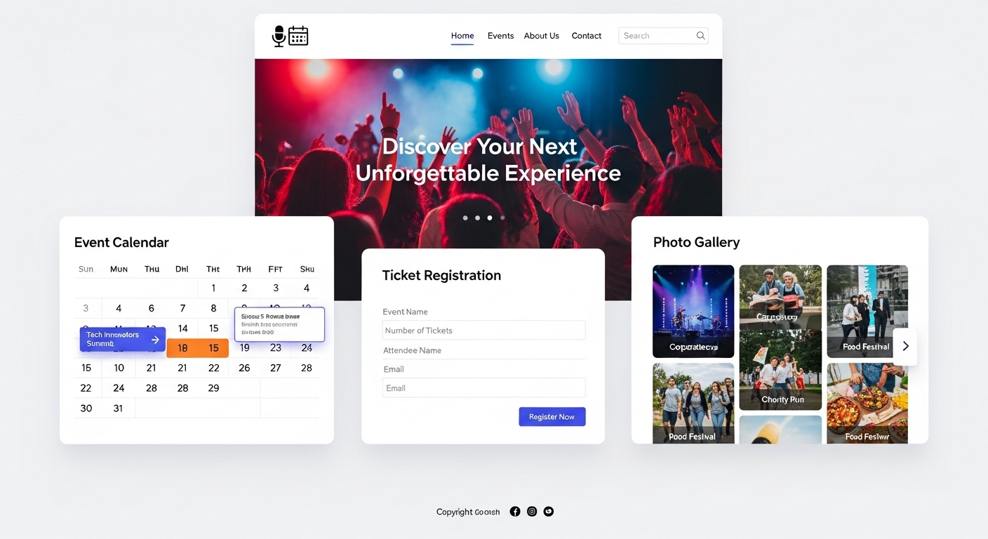 Giao diện website tổ chức sự kiện với c&aacute;c t&iacute;nh năng nổi bật như lịch sự kiện, đăng k&yacute; v&eacute; v&agrave; thư viện ảnh 