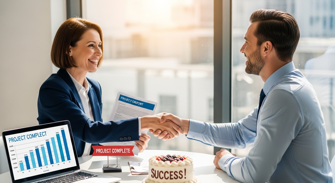 H&igrave;nh ảnh b&agrave;n giao website cho kh&aacute;ch h&agrave;ng với nụ cười h&agrave;i l&ograve;ng, tượng trưng cho sự th&agrave;nh c&ocirc;ng của dự &aacute;n 