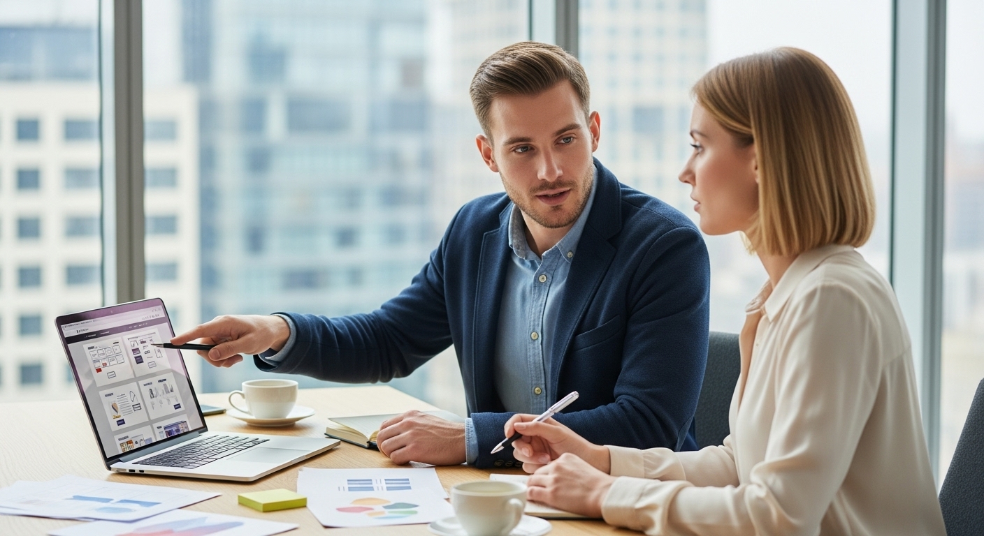 Một chuy&ecirc;n gia đang tư vấn cho kh&aacute;ch h&agrave;ng về thiết kế website 