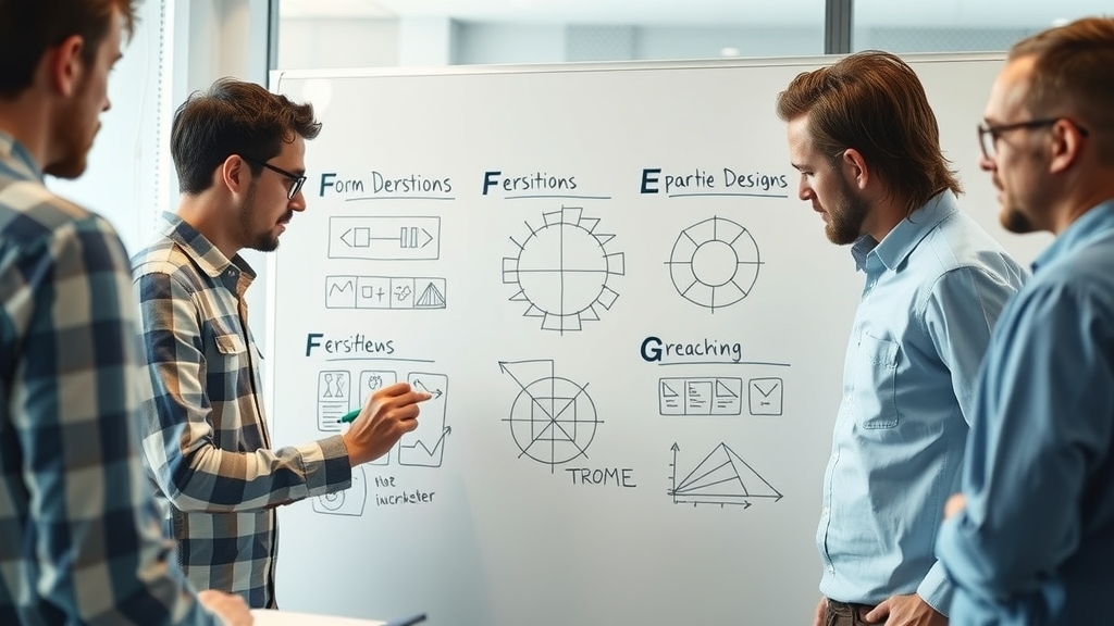 Đội ngũ chuyên gia đang thảo luận và phác thảo ý tưởng thiết kế website trên bảng trắng 