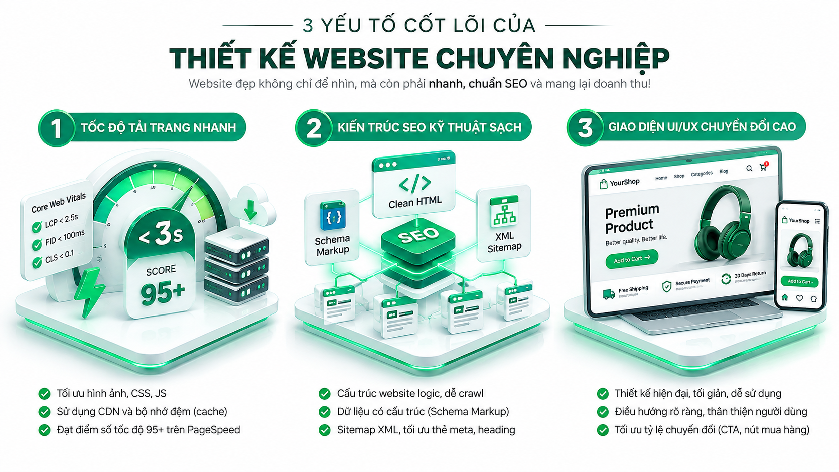 Mô hình 3 trụ cột thiết kế website chuẩn SEO chuyên nghiệp: Tốc độ, Cấu trúc SEO và Tỷ lệ chuyển đổi
